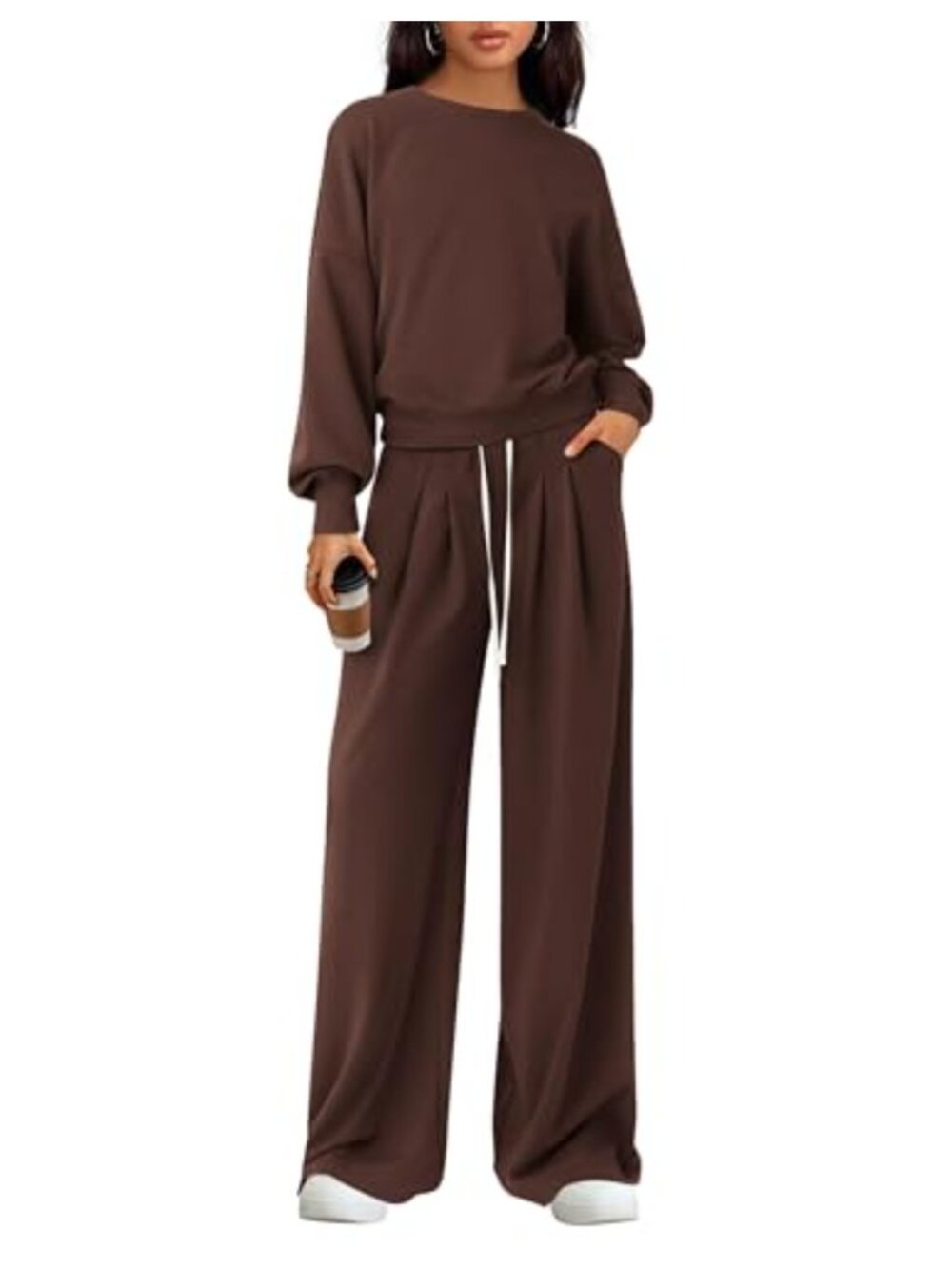 Womens Loose Fit 2 Piece Lounge Set Knit Sweatsuit Wide Leg Pants